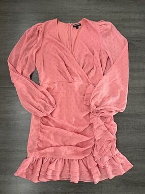Express Coral Pink Long-Sleeve Ruffle Wrap Mini Dress